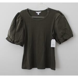 Time and Tru Womens Mixed Media Top Puff Sleeves Green Size L NWT